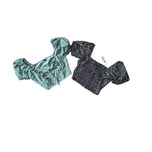 2 Floral Puff Sleeve Crop Tops - Green and Black